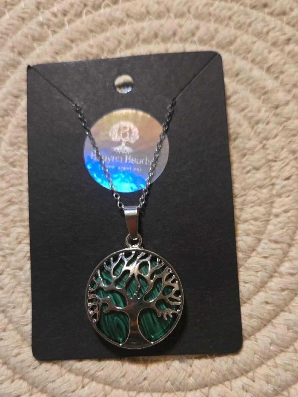 Silver-Tone Tree of Life Necklace with Emerald Green Enamel